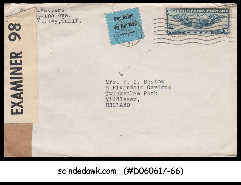 USA - 1941 AIR MAIL envelope to ENGLAND - CENSORD