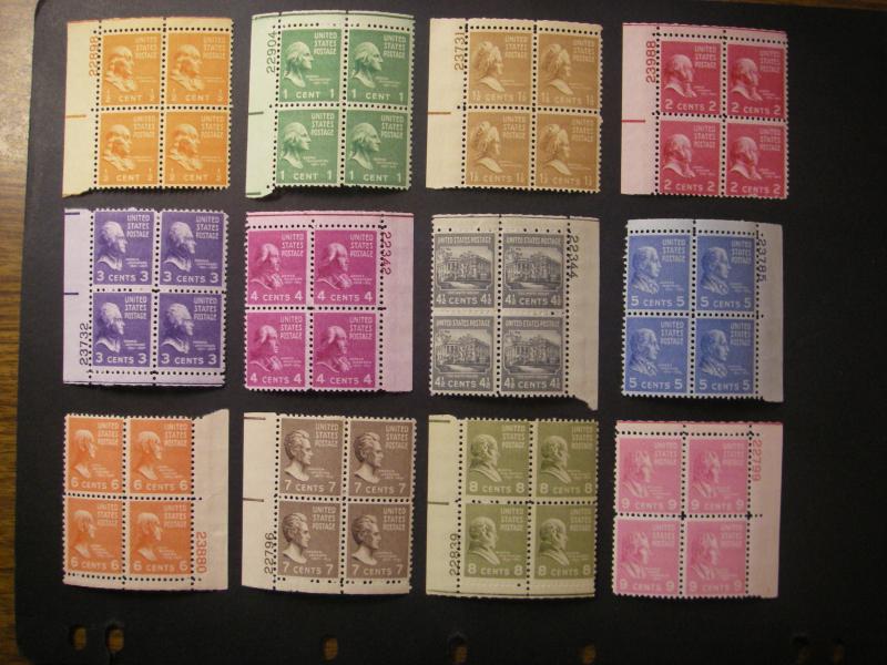 Scott 803 - 814, .5 - 9 cent Prexie Plate Blocks of 4, MNH Beauties, CV $19.80