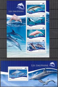 Togo 2014 Marine Life Dolphins (2) Sheet + S/S MNH