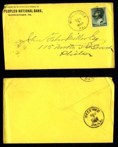 # 213 Peoples National Bank, Norristown, PA  to Philadelphia, PA - 12-7-1887