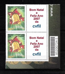 BRAZIL 2007 CHRISTMAS BELL XMAS PAIR WITH LABEL CORNER BLOCK MINT NH