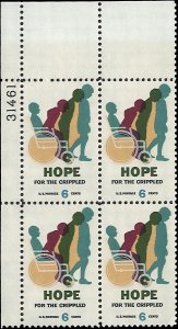 Scott # 1385 1969 6c multi Litho& Hope For the
Crippled ; TAGGED Plate Block ...