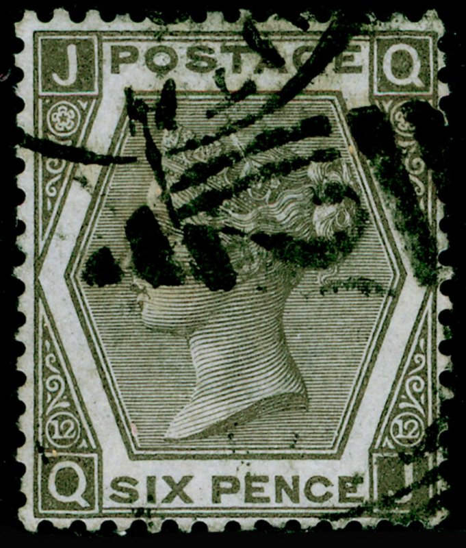 SG125, 6d grey plate 12, FINE USED. Cat £300. QJ 