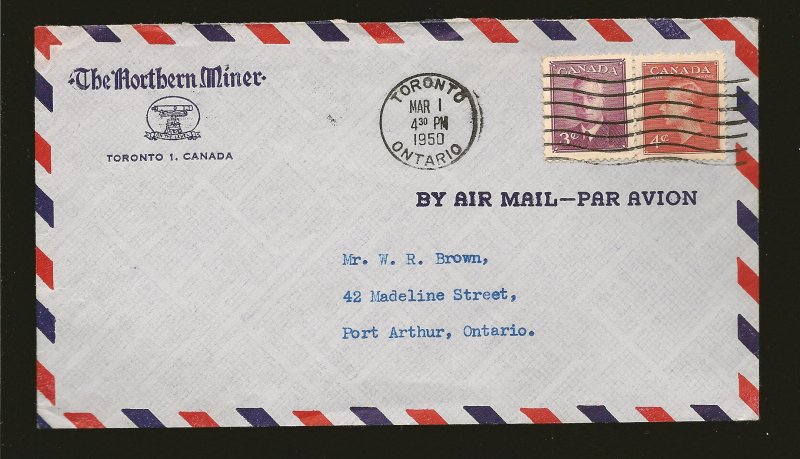 Canada 287 & 291 on Postmarked 1950 Toronto Ontario Advertising Air Cover Used