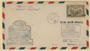 Canada C3 1928 5c Allegory of Flight Airmail single on a 1934 Wadhop-Winnipeg Manitoba First Flight Cover.