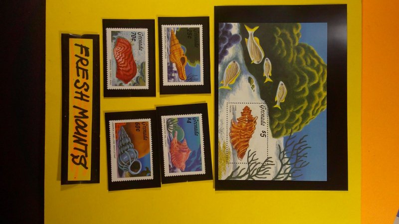 Grenada 1986 Seashells Issue Scott# 1389-1393 Mint XF NH CPL set of 4 + S/S