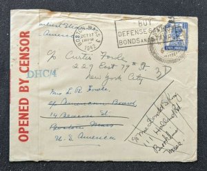 1942 India Censorship Cover to New York City USA
