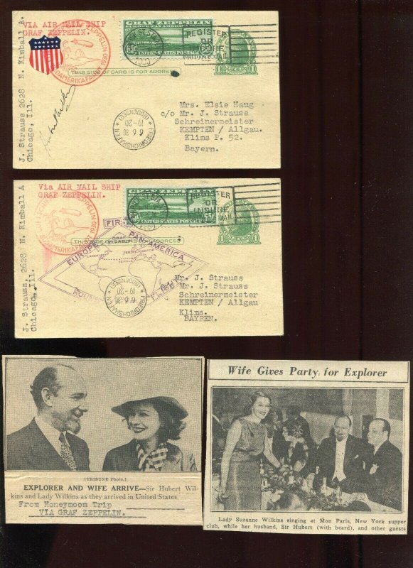 2 C13 Post Cards signed LORD HUBERT WILKINS & Lady Suzanne (Bennett) Wilkins