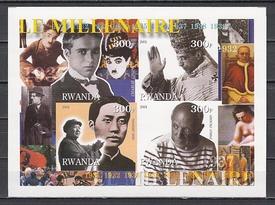 Rwanda, 2001 Cinderella issue. 1930 sheet. Mao, Chaplin, Picasso. IMPERF.^