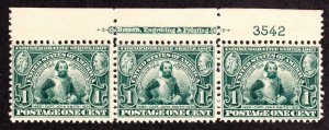 US 328 1c Jamestown Exposition Mint Top Plate #3542 Strip of 3 VF OG NH SCV $220 