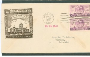 US 782 1936 3c Arkansas Statehood Centennial single on an addressed, typed FDC with an Unknown Cachet