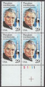 1992 Theodore Von Karman Plate Block of 4 29c Postage Stamps, Sc# 2699, MNH, OG