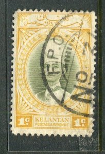 KELANTAN; 1930s early Sultan issue fine used 1c. value FPO Postmark