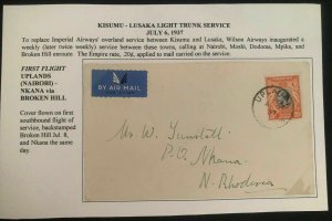 1937 Uplands Kenya First Flight Cover FFC To Nkana Northern Rhodesia