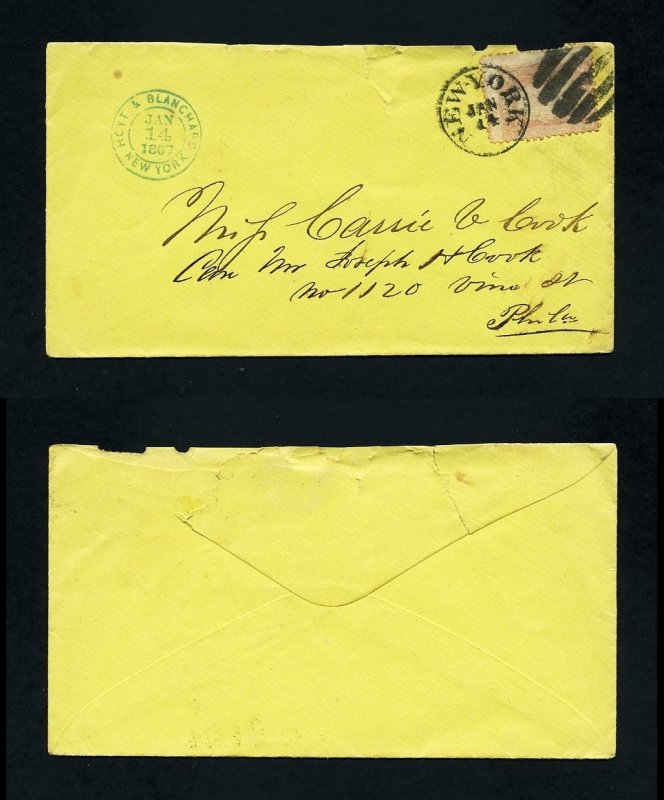 # 65 on cover from Hoyt & Blanchard, NY, NY to Philadelphia, PA - 1-14-1867