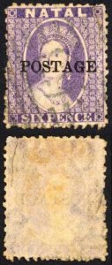 Natal SG83 6d Violet Wmk CC Opt POSTAGE (Davis) Cat 9 pounds