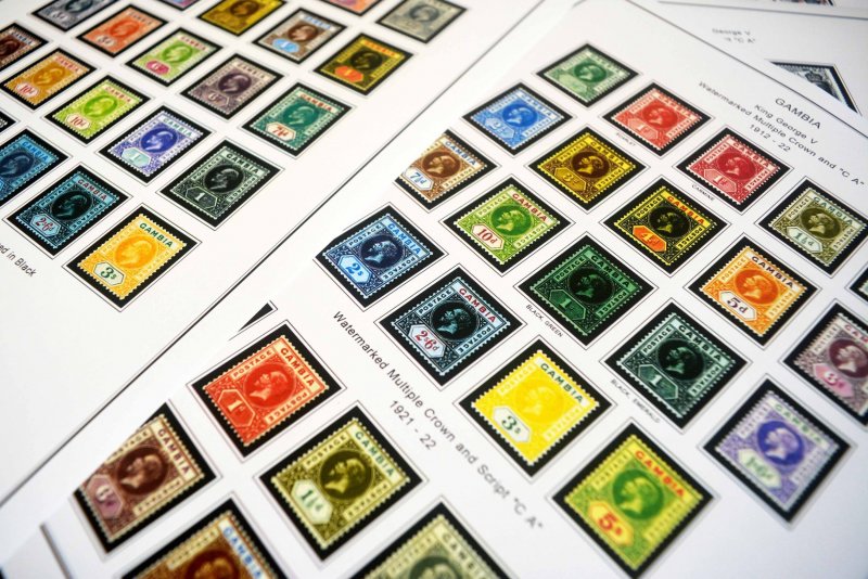 COLOR PRINTED GAMBIA 1869-1965 STAMP ALBUM PAGES (12 illustrated pages)