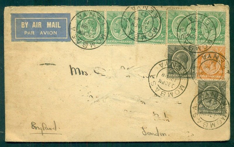 KENYA & UGANDA, 1933 Airmail cover multi-franked to LONDON, nice item