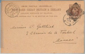 50661 GB -  POSTAL HISTORY:  LONDON postmark on STATIONERY CARD to MONACO ! 1887