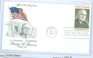 US 1499 1973 Harry S. Truman, unaddressed FDC, unsealed, 1st cachet Truman Commemorative Stamp Committee