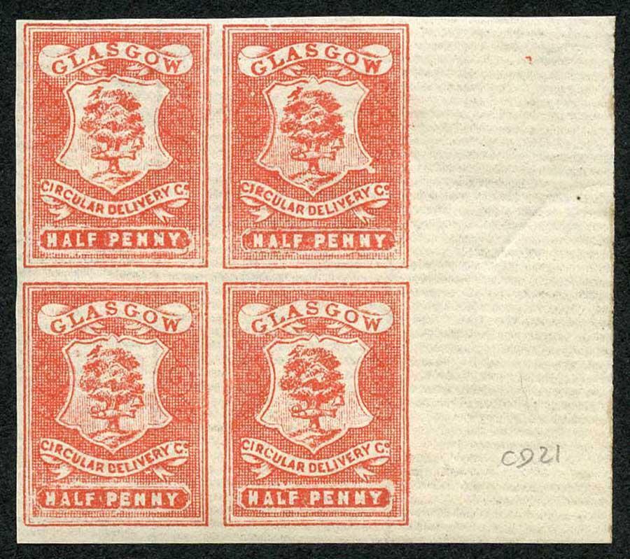 CD21 1/2d Dull Scarlet Glasgow Circular Delivery Block 4 Unmounted Mint