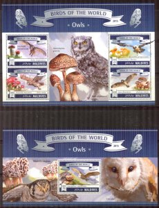 Maldive Islands 2015 Birds Owls Mushrooms Sheet + S/S MNH