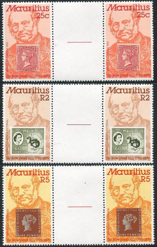 Mauritius 484-486 gutter, MNH. Mi 480-482. Sir Rowland Hill, 1979.Bird Dodo, Map