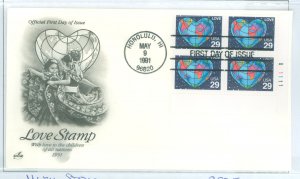 US 2535 1991 Love plateblock FDC; artcraft unaddressed