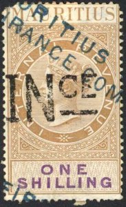 Mauritius BF8 1/- Brown and Purple Insurance Opt INCE Missing corner perf