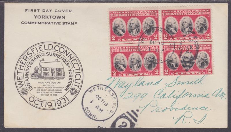 US Planty 703-1A FDC. 1931 2c Yorktown Center Line Block, Wethersfield Commerce 