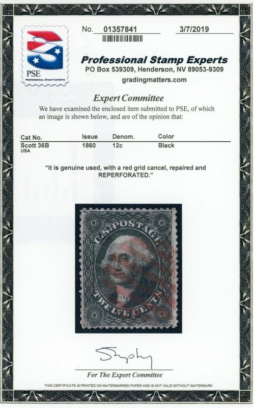 US Stamp #36B Washington 12c, PSE Cert - USED SMQ $275.00