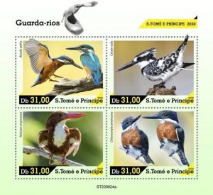 St Thomas - 2020 Kingfisher Birds, Common, Pied - 4 Stamp Sheet - ST200624a