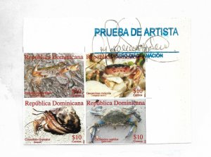 DOMINICAN REPUBLIC 2009 CRUSTACEANS CRABS BLOCK OF 4 IMPERFORATED PROOF SIGNED