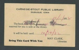 1932 Dubuque Ia Botched Library Card From Carnegie Stout Public Library Unposted