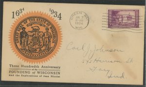 US 739 1934 3c Wisconsin/300th anniversary of founding on an addressed first day cover with a Linprint cachet.