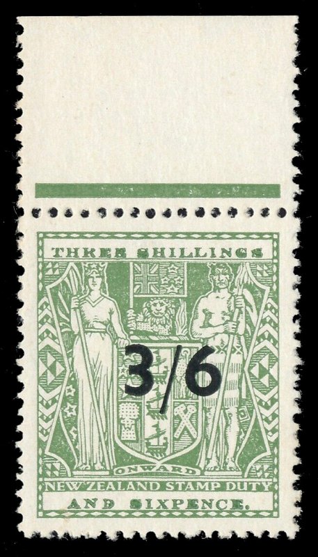 New Zealand 1940 KGVI Arms Fiscal 3/6 on 3s superb MNH. SG F212. Sc AR95. 