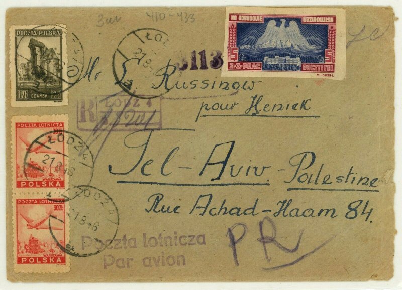 Poland to Tel-Aviv Palestine 1946 Airmail Cover Postage Reconstruction Tax Label