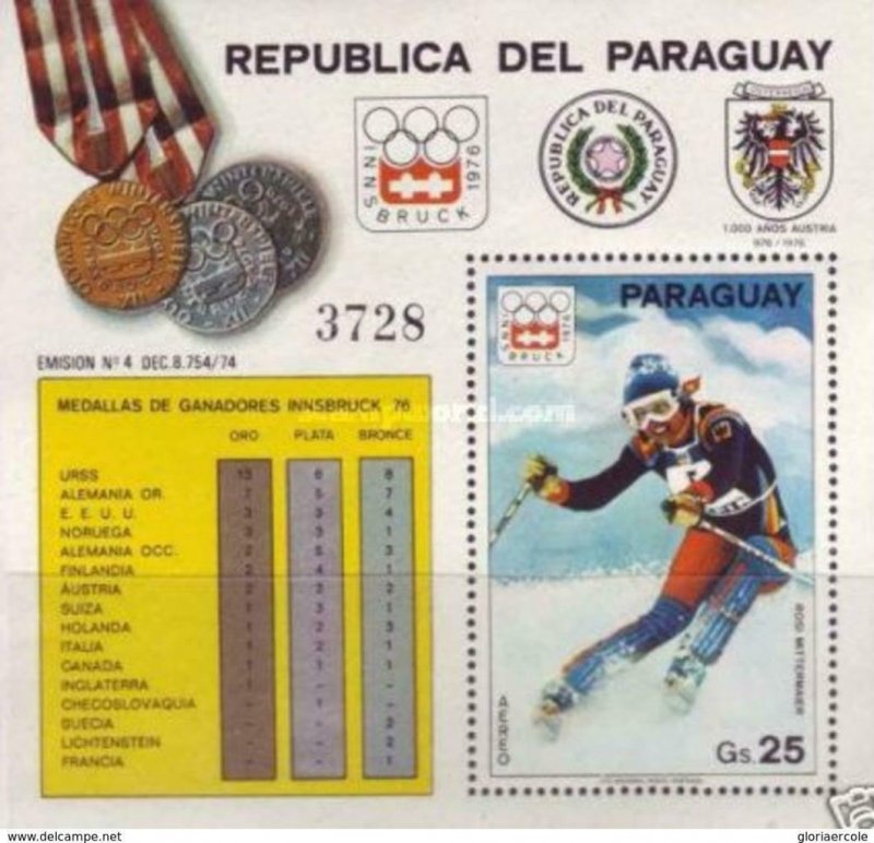 SW2830 - Paraguay -  Medal Winners   Winter Olympic Games 1976  - Minisheet MNH