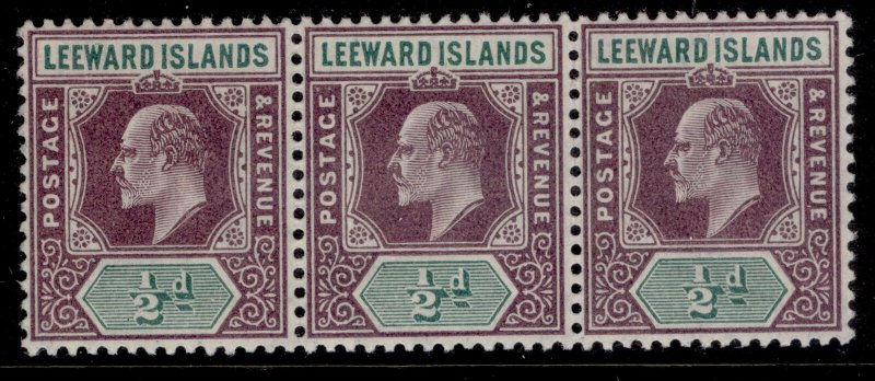 LEEWARD ISLANDS EDVII SG29, ½d dull purple & green, LH MINT. Cat £16. strip of 3