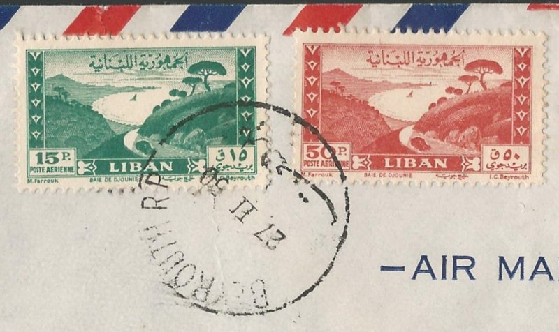 1950 Lebanon Airmail Cover to USA, with 50 P Brick Red (Sc. #C147B) & 15 P Green