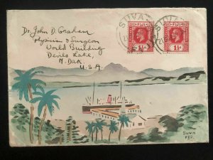 1935 Suva Fiji Karl Lewis Cover To Devils Lake ND USA Ship In Port Cachet