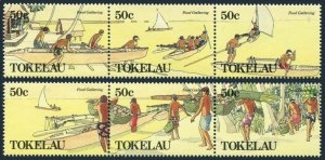Tokelau 163-164 ac, MNH. Mi 165-170. Food 1989. Fishing,gathering coconut, Canoe