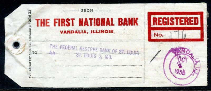 U.S. Scott 831 (5) & 825 (2) Prexies w/Scott 925 On Registered 1955 MO Bank Tag