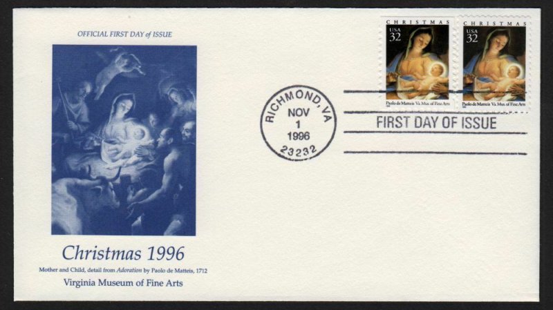 1996 Christmas Sc 3107 3112 Virginia Museum of Fine Arts 1st cachet