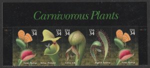 US 3528-3531 3531a Carnivorous Plants 34c header plate strip 5 MNH 2001