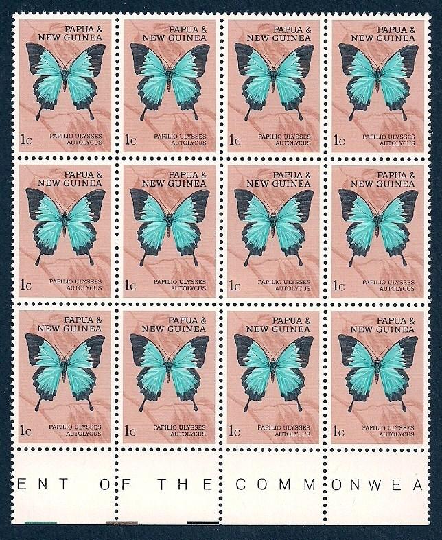 PAPUA NEW GUINEA 1¢ Butterfly Block of 12  MNH