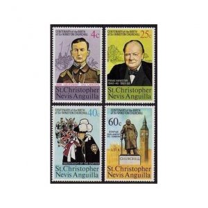 St Kitts-Nevis 290-293,293a sheet,MNH. Winston Churchill-100,1974.Events,Statue.