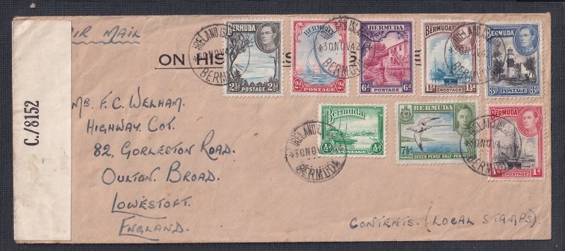 BERMUDA 1942 WW2 CENSORED AIRMAIL COVER IRELAND ISLAND TO LOWESTOFT ENGLAND