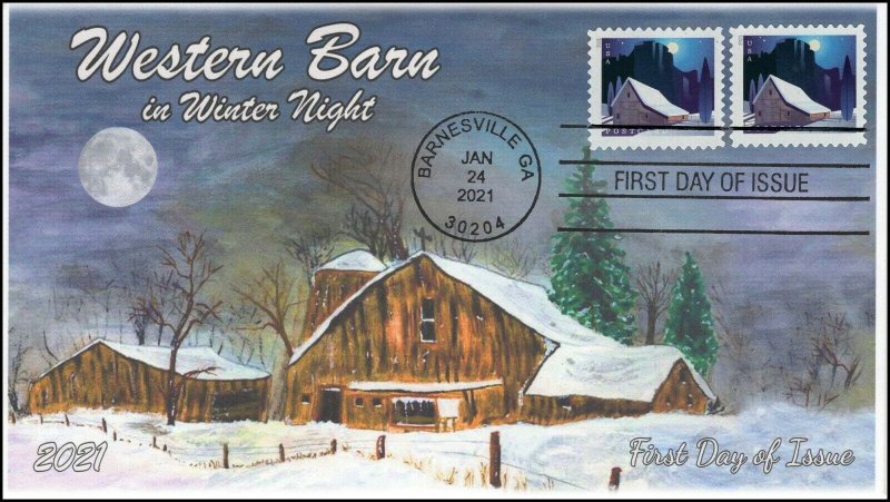 21-051, 2021, Seasonal Barns, First Day Cover, Standard Postmark, Winter, Bookle