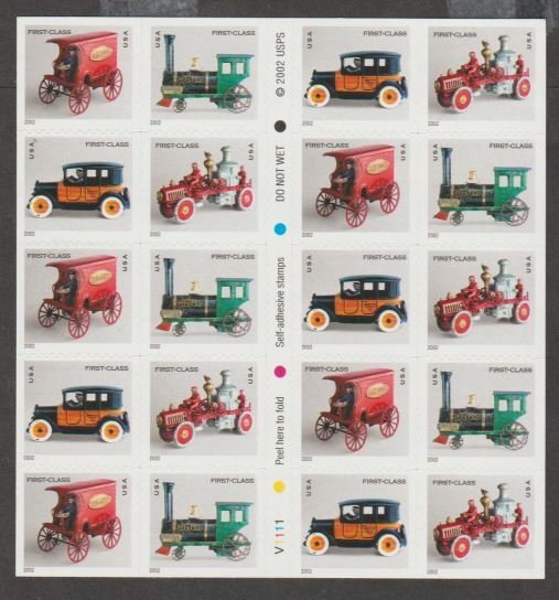 U.S. Scott #3629e First Class Antique Toys Stamps - Mint NH Booklet Pane